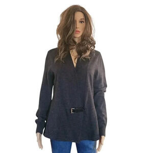 Carole Little 100% Merino Wool Sweater Gray Long Sleeve Buckle Size Large